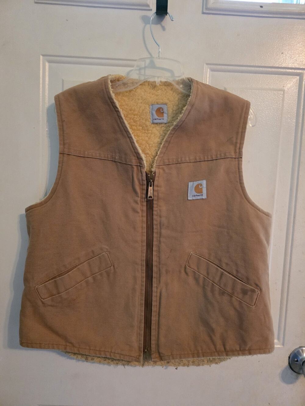 Vintage Carhartt Canvas Sherpa Trucker Vest Work Farm Western Rancher Cowboy M